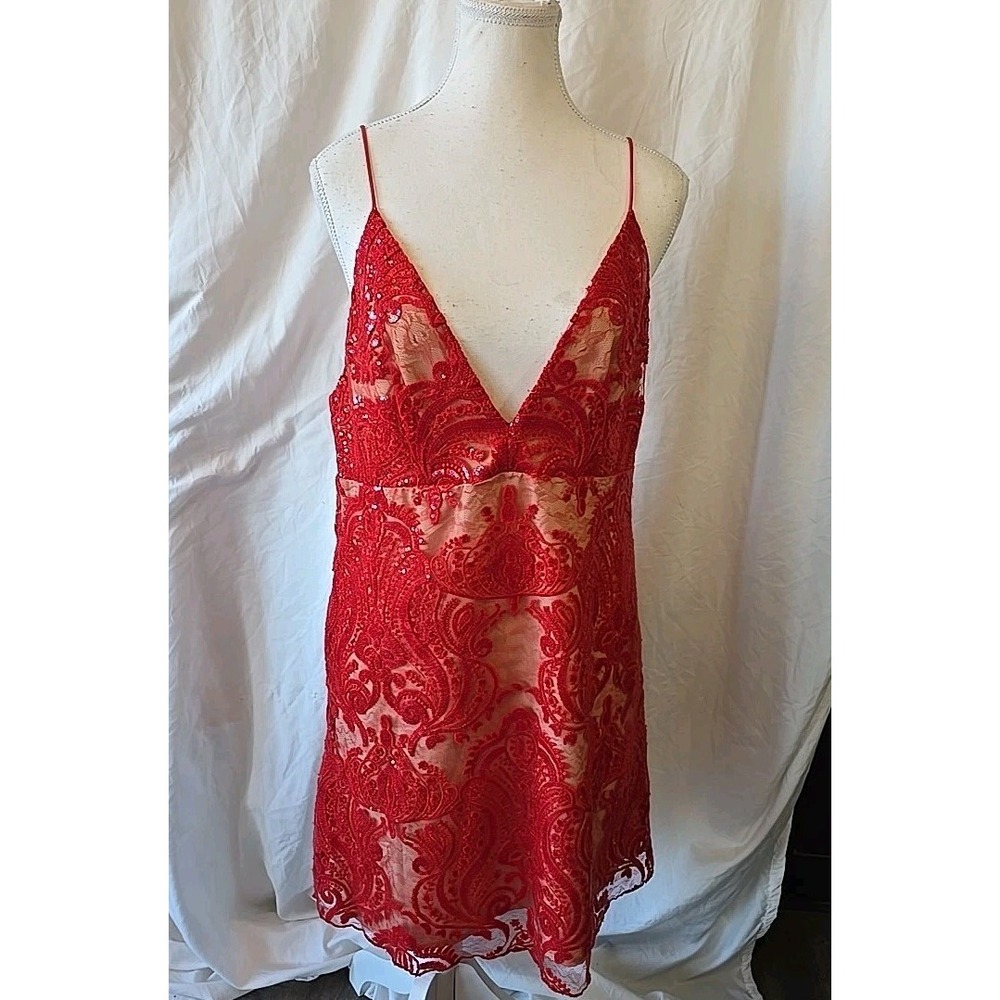 NWT Free People Night‎ Shimmers Lace Sequin Dress Red Sz 10 Romantic Deep V-neck